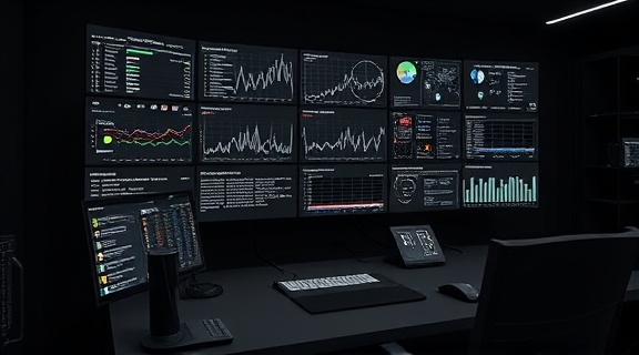 intelligent remote monitoring console, observant, coordinating multiple data points, photorealistic, minimalist workstation with futuristic design, highly detailed data pipelines and monitoring outputs, energetic data flow animations, high-resolution clarity, modern monochrome with dynamic lighting, shot with an 85mm lens.