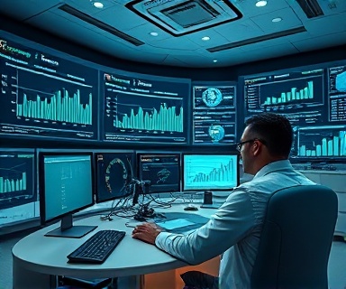 cutting-edge remote analytics setup, concentrated, evaluating system performance, photorealistic, sophisticated lab with immersive projection screens, highly detailed charts and algorithm models, data scrolling rapidly, super high-definition, sleek silver and teal accents, focused overhead lighting, shot with a 50mm lens.