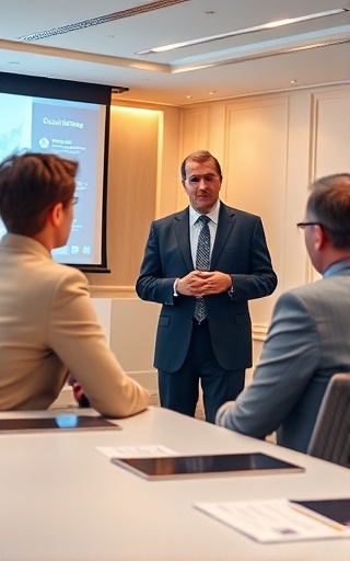 professional security consultation, strategic expression, advising corporate clients, photorealistic, elegant conference room with projection screens, highly detailed, team brainstorming session, technical details showing crisp presentation visuals, ivory, diffused lighting, shot with a portrait lens.