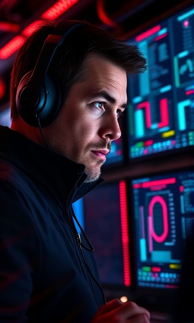 dedicated cybersecurity consultation, determined expression, monitoring live threat feeds, photorealistic, advanced cyber lab with LED screens, highly detailed, flowing digital data visuals, technical details with high resolution security graphics, red, low-key lighting, shot with a macro lens.