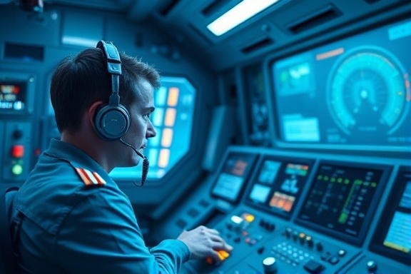 loud alarm notification, focused operator, ringing, photorealistic, on a space station control panel, highly detailed, zero gravity elements, sleek metallic, cool blue hue, backlit instruments, shot with a wide-angle lens.