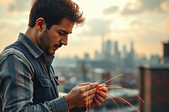 seasoned installation expert, concentrating, skillfully handling fiber optic cables, photorealistic, urban rooftop with cityscape view, highly detailed, slight wind movement, fine grain, vibrant colors, golden hour light, shot with a 50mm prime lens.