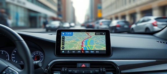 interactive GPS map, informative, displaying, photorealistic, digital interface on a car dashboard within an urban environment, highly detailed, zooming transitions on screen, crisp graphical elements, vibrant colors, screen backlighting, captured digitally.