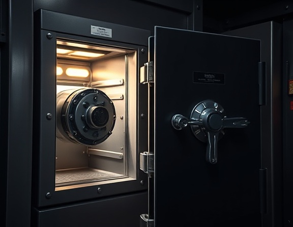 reliable antitheft protection, secure, being deployed, photorealistic, alongside a fortified safe, highly detailed, with layered security mechanisms, glossy finish, bright spotlight, shot with a 100mm lens.