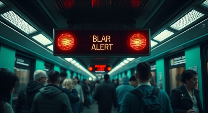 blaring alert system, urgency in action, blinking lights, photorealistic, in an underground subway station, highly detailed, commuters reacting, motion effects, green, shadowy lighting, shot with a zoom lens.