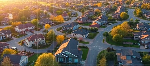 precise GPS location, pinpointed, locating, photorealistic, suburban neighborhood aerial view with houses and trees, highly detailed, slight drone movement, high contrast map overlays, earthy tones, soft afternoon glow, shot with a 50mm lens.