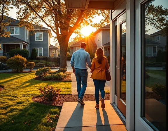 innovative keyless entry setup, illustrating effortless usability, a family entering their home, photorealistic, suburban neighborhood backdrop with manicured lawns and parked cars, highly detailed, wind-swept leaves, vivid, bright colors, golden hour lighting, shot with a telephoto lens.