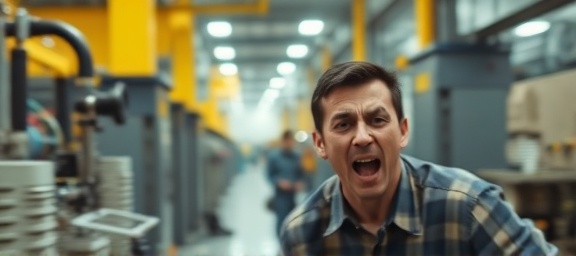 bright alarm signal, panicked expression, loud, photorealistic, amidst a factory setting with machinery, highly detailed, workers trying to take cover, dynamic motion blur, yellow, industrial lighting, shot with a 50mm lens.