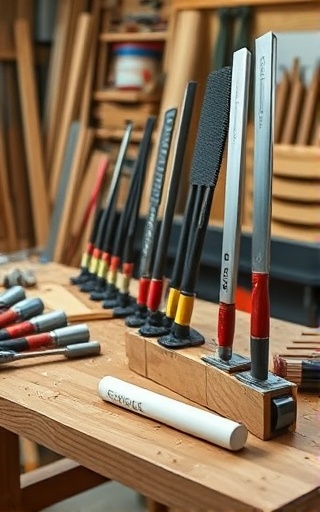 modern installation tools, neatly arranged, displayed on a wooden workbench, photorealistic, workshop environment with scattered sawdust, highly detailed, light reflections, ultra-clear clarity, natural wood tones, soft diffused lighting, shot with a standard zoom lens.