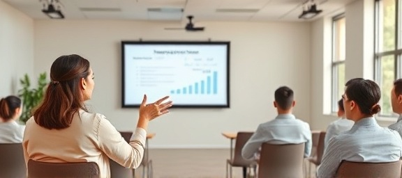 informative introduction presentation, thoughtful expression, illustrating concepts, photorealistic, minimalist seminar room with eco-friendly decor, highly detailed, presentation slides and graphs, Canon EOS R5, pastel colors, bright lighting, shot with an 85mm lens.