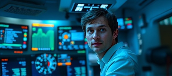 state-of-the-art immobilizer technology, curious expression, monitoring activity, photorealistic, dashboards filled with visual data in a moving lab vehicle, highly detailed, lines of code streaming, pin-sharp focus, electric blue, overhead LED lighting, shot with a tilt-shift lens