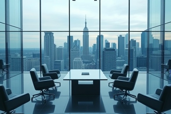 innovative corporate introduction, welcoming expression, presenting a new project, photorealistic, spacious conference room with glass walls and skyline backdrop, highly detailed, futuristic technology elements, Sony A7R III, cool colors, ambient lighting, shot with a 24mm lens.