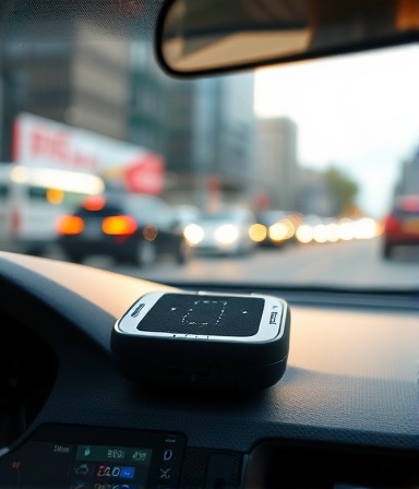 compact immobilizer device, focused expression, transmitting data, photorealistic, on a vehicle's dashboard with cityscape through windshield, highly detailed, data streams in the background, 4k resolution, gunmetal gray, soft dispersed lighting, shot with a close-up lens