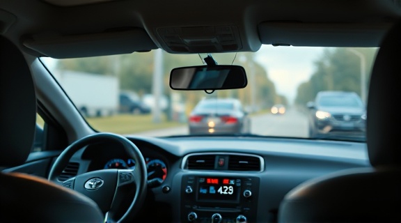 compact antitheft alarm, alert, activating, photorealistic, in a parked car interior, highly detailed, digital display readings, vivid colors, soft overhead lighting, shot with a 35mm lens.