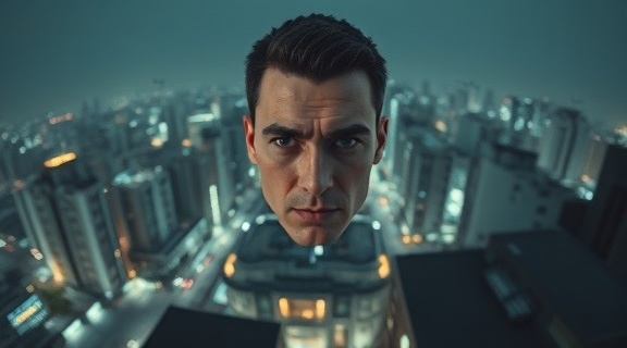 futuristic immobilizer security, determined expression, engaging protective measures, photorealistic, rooftops with blinking lights below in a busy metropolis, highly detailed, aerial drones flying, rendered at high fidelity, obsidian black, night-time soft luminescence, shot with a fish-eye lens