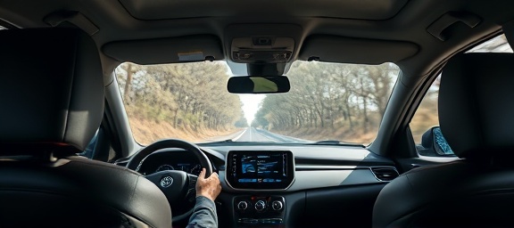 modern GPS device, thoughtful, analyzing, photorealistic, cozy interior of a car with leather seats and a road view through the windshield, highly detailed, moving shadows from outside trees, high-resolution texture, matte black, ambient lighting, shot with a 35mm standard lens.