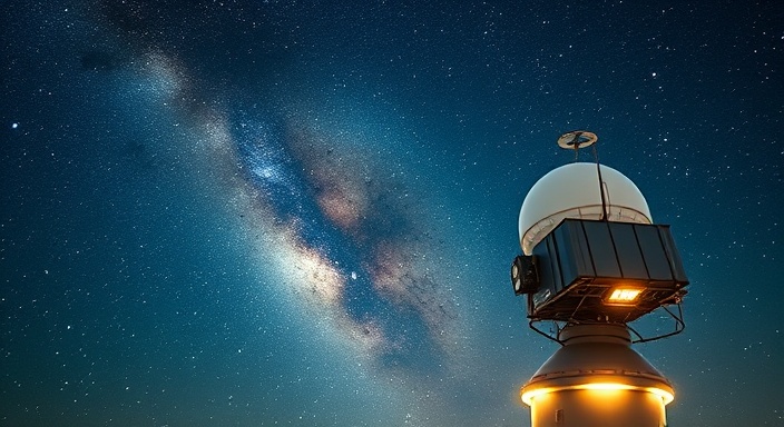efficient GPS satellite, alert, transmitting, photorealistic, background of the Milky Way galaxy with swirling star fields, highly detailed, illuminated components, advanced optical clarity, reflective surfaces, starlit scene, shot with an 800mm super telephoto lens.