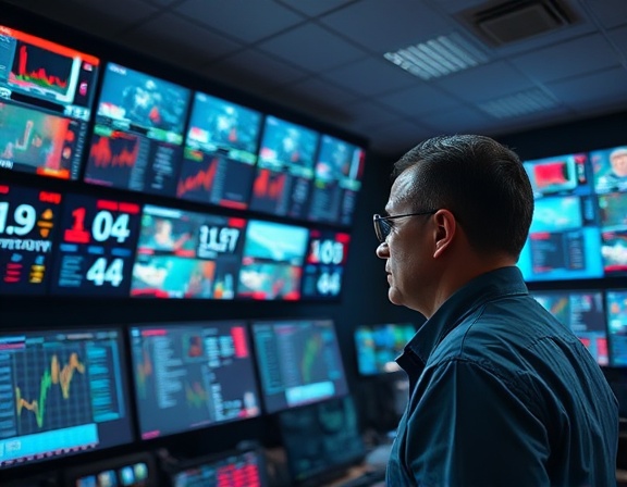 state-of-the-art monitoring technology, intrigued, scanning through live feeds, photorealistic, bustling control center with interactive panels, highly detailed interfaces and surveillance footage, animated data fluctuations, ultra-HD, rich techno color palette, diffused lighting, shot with a macro lens.