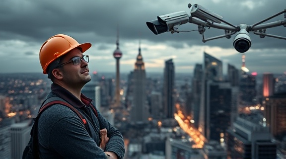 well-equipped installation technician, confidently, mounting surveillance cameras, photorealistic, metropolitan skyline with skyscrapers in background, highly detailed, slight drizzle, ultra definition, monochrome theme, evening neon lights, shot with a portrait lens.