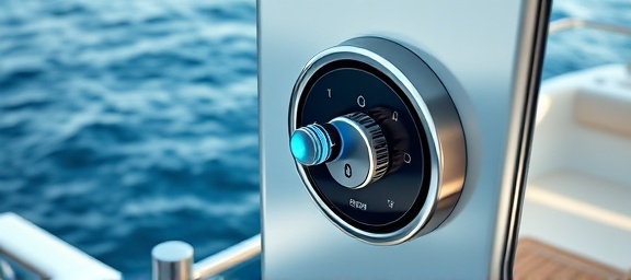 high-tech antitheft lock, digital, activating sequence, photorealistic, on a luxury yacht, highly detailed, seamless interface, oceanic blue, diffused sunlight, shot with a 40mm lens.