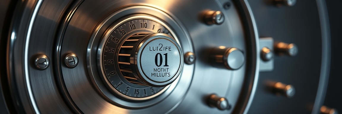 state-of-the-art antitheft lock, formidable, engaging mechanism, photorealistic, at a bank vault door, highly detailed, combination lock details, polished metal, harsh lighting, shot with a 28mm lens.