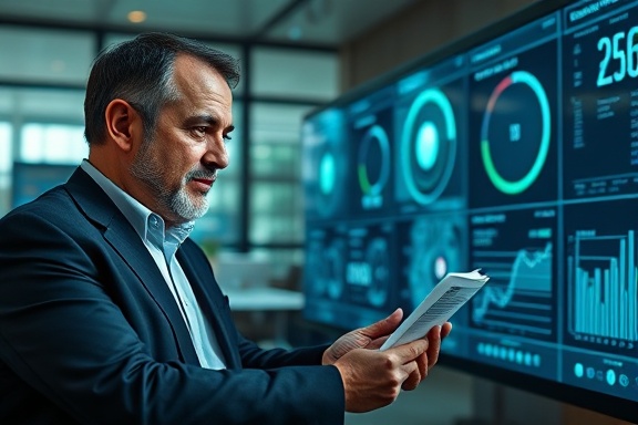 experienced consultation expert, thoughtful expression, evaluating risk reports, photorealistic, modern office with large digital screens, highly detailed, holographic data projections, technical details of clear visual data analysis, green, natural daylight, shot with an 85mm camera lens.