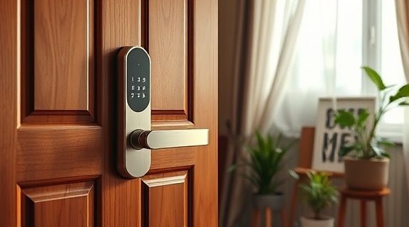 stylish keyless lock system, emphasizing durability and ease of operation, installed on a wooden door, photorealistic, cozy residential interior setting with potted plants and art pieces, highly detailed, curtains fluttering in a light breeze, warm earthy tones, soft indoor lighting, shot with a 50mm lens.