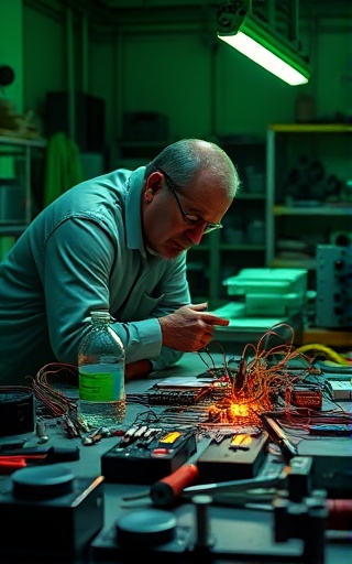 advanced immobilizer electronics, thoughtful expression, circuit testing, photorealistic, on a workbench scattered with tools and components, highly detailed, oscillating pulse lights, crystal clear clarity, neon green, harsh laboratory lighting, shot with a standard 50mm lens