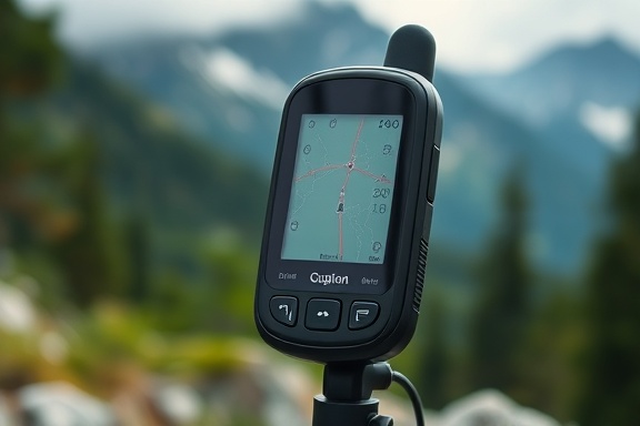 compact GPS device, focused, syncing, photorealistic, outdoors in a hiking setting with a mountainous background, highly detailed, fluctuating satellite signals, clear display interface, forest green, diffused natural light, shot with a 70mm macro lens.