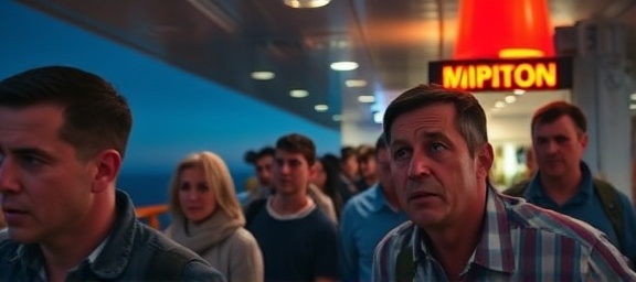 immediate alarm emergency, frightened expression, siren blaring, photorealistic, aboard a large cruise ship, highly detailed, passengers looking worried, vivid color, dim evening lighting, shot with a macro lens.