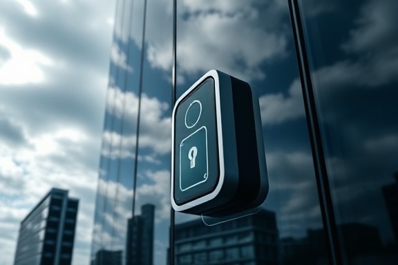 advanced keyless safety mechanism, presenting cutting-edge design, securing an office building, photorealistic, contemporary office park with reflective glass walls, highly detailed, moving clouds casting shadows, deep cool colors, soft ambient lighting, shot with an ultra-wide lens.