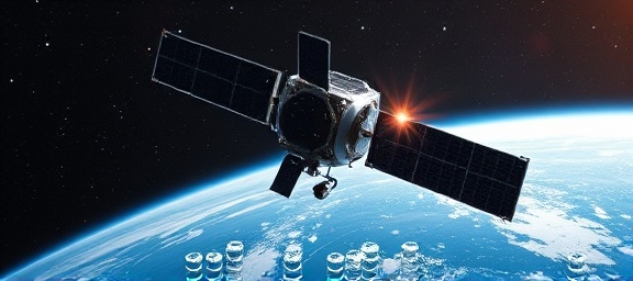advanced GPS satellite, vigilant, orbiting, photorealistic, vast outer space background with stars and Earth below, highly detailed, solar panels reflecting sunlight, ultra-sharp rendering, chrome finish, cosmic light, shot with a 400mm telephoto lens.