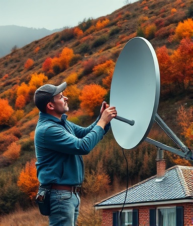 experienced installation expert, determined, calibrating satellite dish, photorealistic, hillside with colorful fall foliage, highly detailed, gentle breeze, high resolution, deep earth tones, soft ambient lighting, shot with a 70-200mm telephoto lens.