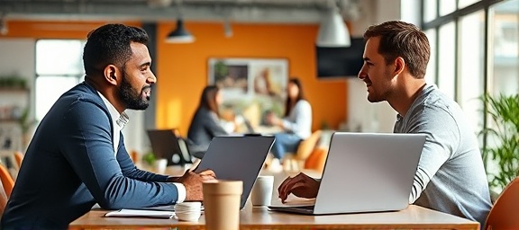 strategic introduction meeting, enthusiastic expression, discussing ideas, photorealistic, vibrant coworking space with a collaborative environment, highly detailed, laptops and coffee cups, Fujifilm X-T4, vivid colors, natural sunlight, shot with a 28mm lens.