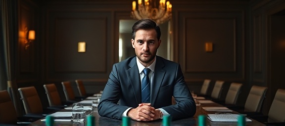 formal corporate introduction, focused expression, outlining company goals, photorealistic, elegant boardroom with sophisticated decor, highly detailed, charts and notepads, Canon EOS 6D Mark II, muted colors, directional lighting, shot with a 70-200mm lens.