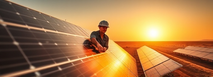 dedicated installation technician, thoughtful, aligning solar panels, photorealistic, vast desert landscape under horizon, highly detailed, dust particles in sunlight, HDR, warm color palette, early morning sunlight, shot with a wide-angle lens.