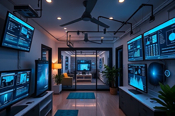 integrated antitheft system, networked, monitoring activity, photorealistic, inside a smart home, highly detailed, with digital interface screens, ultramodern aesthetic, LED backlight, shot in a 16mm lens.