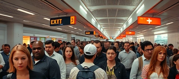 emergency alert warning, cautious faces, echoing, photorealistic, at a crowded airport terminal, highly detailed, people heading to exits, high detail and sharpness, orange, bright fluorescent lighting, shot with a fisheye lens.