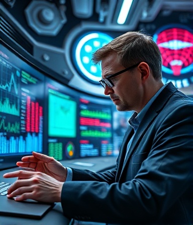 meticulous consultation analysis, observant expression, interpreting security data, photorealistic, futuristic workspace filled with sleek touchscreens, highly detailed, vivid threat intelligence visuals, technical details with intricate digital readouts, metallic grey, high-contrast lighting, shot with a wide-angle lens.