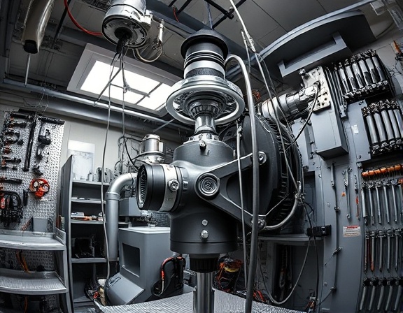 efficient installation equipment, organized, rotating and fitting components, photorealistic, in a tech workshop cluttered with tools, highly detailed, shadow play on the surfaces, precision detail, industrial gray tones, overhead fluorescent lighting, shot with a fisheye lens.