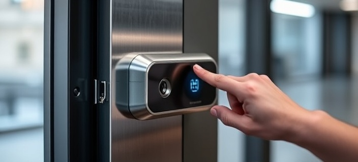 sleek antitheft device, discreet, being configured, photorealistic, on a modern entrance, highly detailed, touch-sensitive surface, reflective silver, indoor ambient lighting, shot with a 85mm lens.